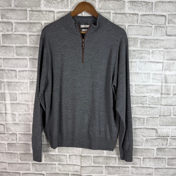 Peter Millar 100% Merino Wool Charcoal Gray Quarter Zip Sweater Mens LARGE - Picture 1 of 8
